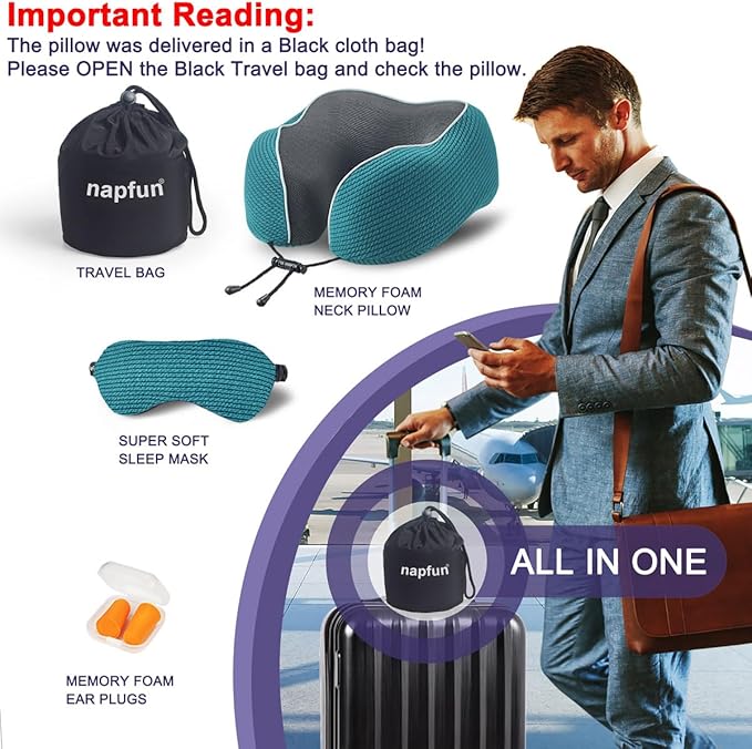 napfun Neck Pillow for Travel with Travel Pouch, Sleep Mask & Earplugs, Memory Foam Airplane Pillow for Headrest Sleep with Eyeshades, Plane Essentials with Eye Blindfold, Teal Striped Kit