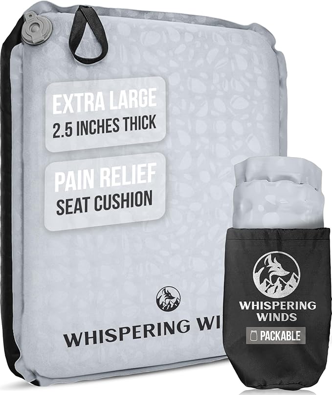 Whispering Winds Inflatable Seat Cushion - Comfortable Blow-up Foam Pad for Airplane, Travel, Stadium, Outdoors, Camping, Car & More