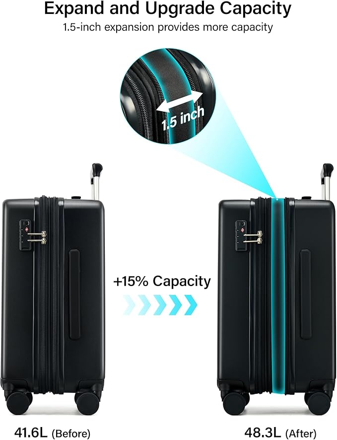 Hanke Expandable Carry On Luggage 22x14x9 Airline Approved, 20 Inch Hard Shell Suitcases with Wheels, Lightweight Travel Luggage Carry On Suitcase for Woman & Men with Tsa Lock(Jet Black)