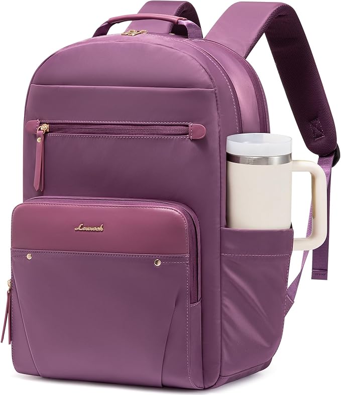LOVEVOOK Laptop Backpack for Women with Leather Trim & Tumbler Pockets, 15.6" Work Backpack Purse, Travel Personal Item Bag, Carry On Business Computer Bag for Office, School, or Gift, Lustrous Plum