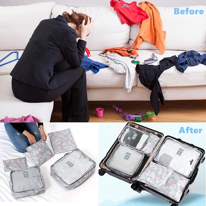 6 Set Packing Cube Luggage Organizer Pouch, Travel Storage Bags Organizer Set, Clothes Packing Cubes Laundry Pouch Suitcase Organizer Bags for Travel Carry On Luggage Packing (Blue Flamingo)