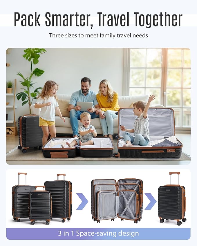 LIGHT FLIGHT Luggage Sets, 3 Piece Durable Suitcase Set with Spinner Wheels, 3 Pcs Hardside Lightweight luggage with TSA Lock, Large Checked Travel Suitcases, 20/24/28 Inch,Black/Brown