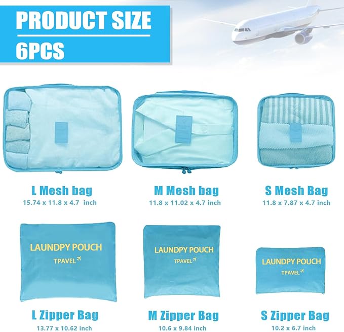 6 Set Packing Cubes for Travel Luggage Packing Bags Reusable Lightweight Suitcase Organizer Cubes Set for Travel Accessories (Sky Blue)