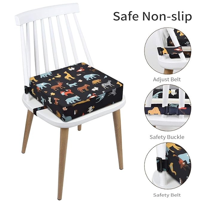 Toddler Booster Seat Dining, Cartoon Canvas Washable 2 Straps Safety Buckle Kids Booster Seat for Dining Table, Portable Travel Increasing Cushion (Elephant-Black)