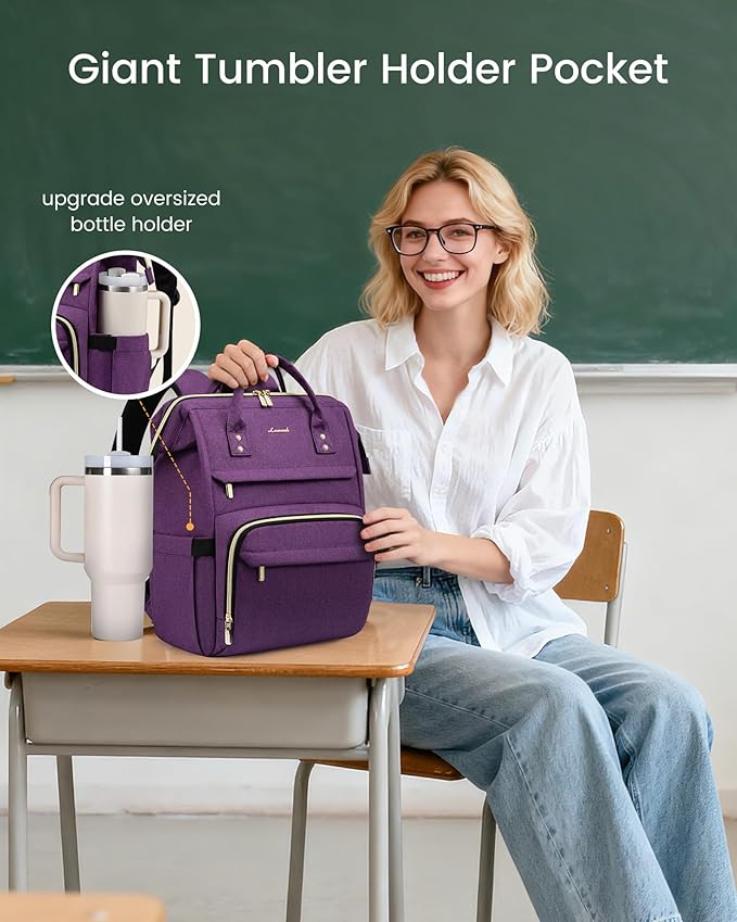 LOVEVOOK Laptop Backpack for Women with Giant Tumbler Holder Pocket,18 inch Waterproof Travel Backpack Purse Computer Laptop Bag,Professional Work College Nurse Teacher Backpack Daypack,Dark Purple