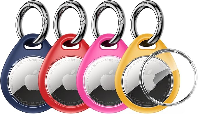 UNBREAKcable Holder for Apple AirTag - 4 Pack [Fit Tightly Design] [Easy to Install] [Hold Air Tag Securely] Waterproof TPU Shell Protective Case with All Metal Keychain Key Ring Clip