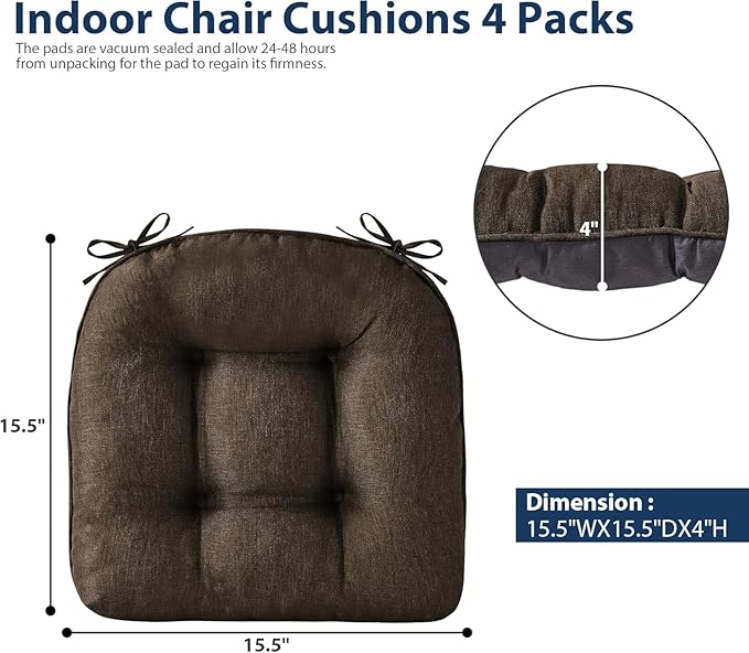 Chair Cushions for Dining Chairs, Seat Cushions for Kitchen Chairs, Indoor Seat Cushions with Ties, Tufted Foam Chair Pads, Non Slip Chair Cushions Set of 2, 15.5" x 15.5" x 4", Brown