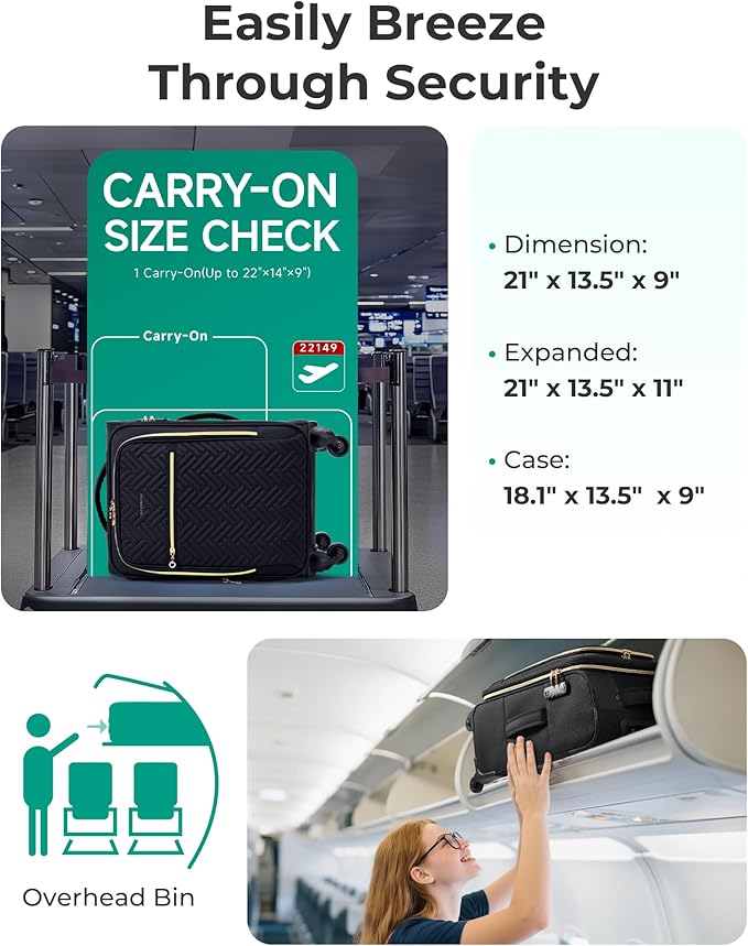 BAGSMART Carry On Luggage 20 Inch,Softside Expandable Suitcase with Spinner Wheels, Luggage 22x14x9 Airline Approved Rolling Lightweight Suitcases for Women Men, Compact Carry-On (Black)