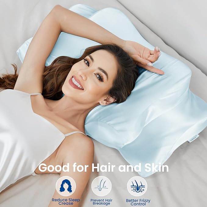 Satin Pillowcase for Cervical Pillows, (Cover Only) Fit for 24.8"x14.96"x5.51"/3.54" Orthopedic Neck Support Pillow, Silky Smooth Pillowcase Cover with Zipper Closure (Light Blue)