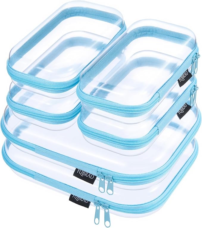 YQBRAO 6 Pack Clear Hard Shell Zipper Case, Hard Plastic Organizer Pouches for Travel, Small Items, Makeup, Electronics & Art Supplies - Crush-Resistant & Waterproof Storage (Blue)