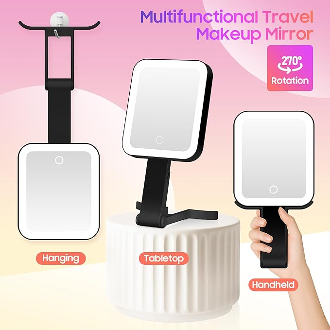 GOMIPURU Magnifying Travel Mirror with Light, 30X/1X Double-Sided Magnifying Mirror with 3 Color Lights, Brightness Adjustable, Foldable Handheld Makeup Mirrors Portable for Travel and Desktop Use,B