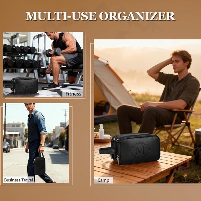 Travel Toiletry Bag for Men,Mens Shaving Bags for Toiletries,Men's Toiletry Travel Bag PU Leather,Personalized Travel Essentials,Birthday Gifts For Men,Black- M