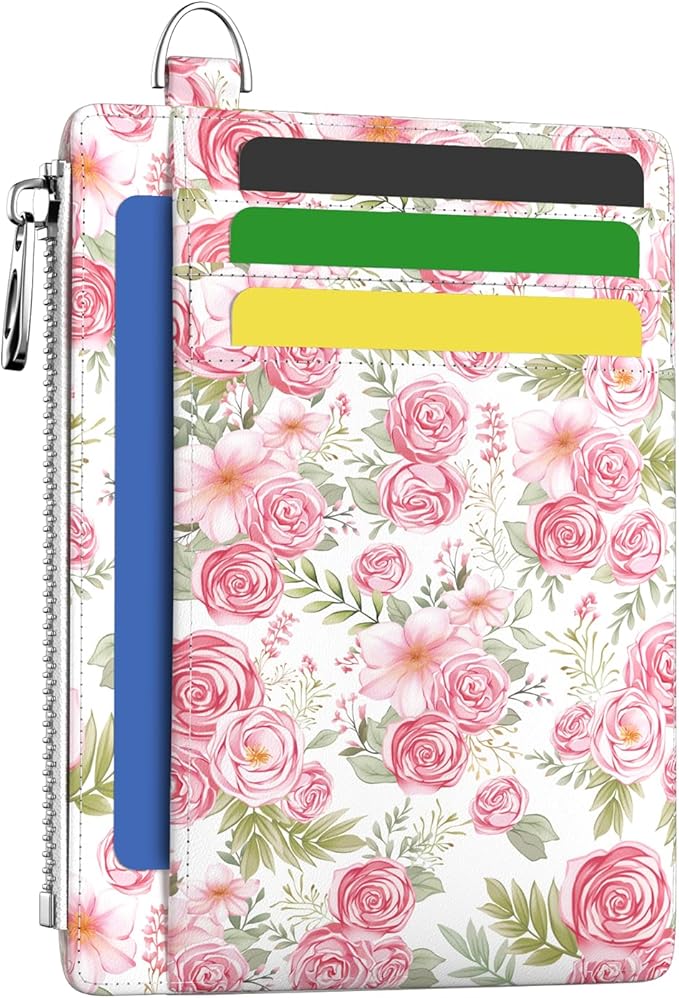 Hancynir Slim Wallet Women Credit Card Holder Rose Flower Floral RFID Blocking Small Cute Card Wallets Mini Front Pocket PU Leather Card Case Thin Travel Zipper Coin Cash Ladies Female Wallet Gifts
