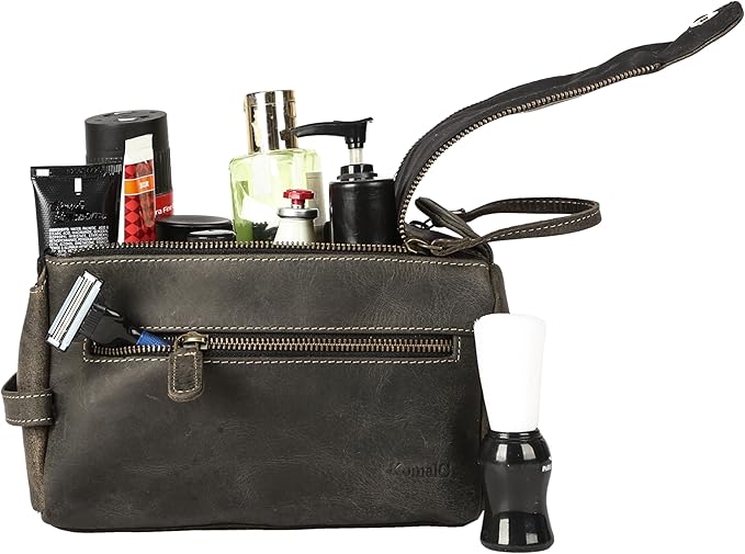 KomalC Premium Buffalo Leather Toiletry Bag for Men & Women With Water resistant Lining, Grooming Travel Pouch, Unisex Wash Bag for Toiletries, Gifts for Men and Women