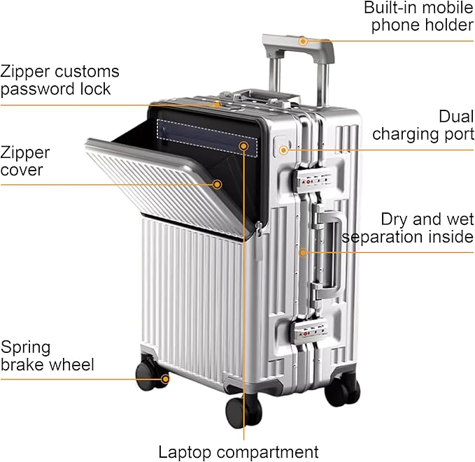 Zipperless Luggage, 22.4" x 15.4" x 9.4" Aviation Certified, Polycarbonate Aluminum Hardshell, Expandable Carry-On Luggage with Spinner Wheels, Hardshell Luggage, 20 Inch Cabin