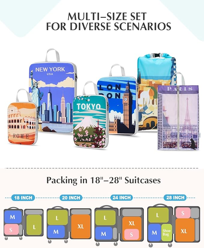 Gonex Compression Packing Cubes, 6pcs Expandable Storage Travel Luggage Bags Organizers with Shoe Bag Laundry Bag, Travel Cubes for Suitcase Carry On (Urban Landscape)