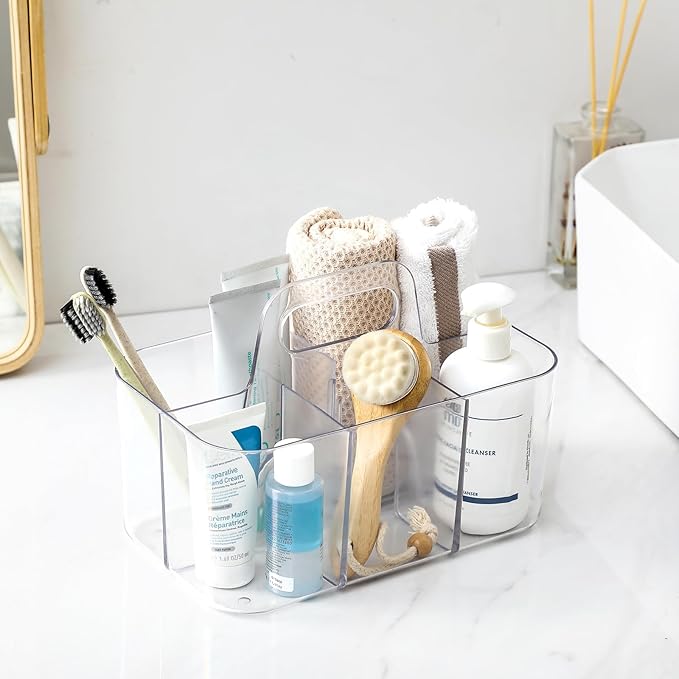 Multiuse Caddy Organizer with Handle, Portable Divided Plastic Tote Bin - Art Craft, Stationary Pen Marker Crayons, Makeup Hair Supplies Storage - Bathroom, Classroom, Dorm, Office, Desk Holder -Clear