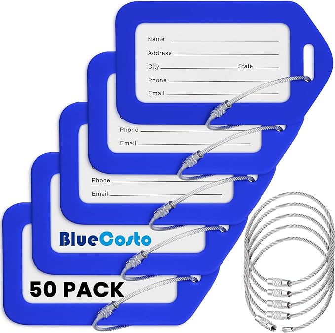 BlueCosto - Luggage Tags - Blue, 50 Pack - Suitcase Tags with Name ID Card & Heavy-Duty Metal Wire Loops - Bright Colored PVC Identifiers for Travel Baggage - Backpack Name Labels