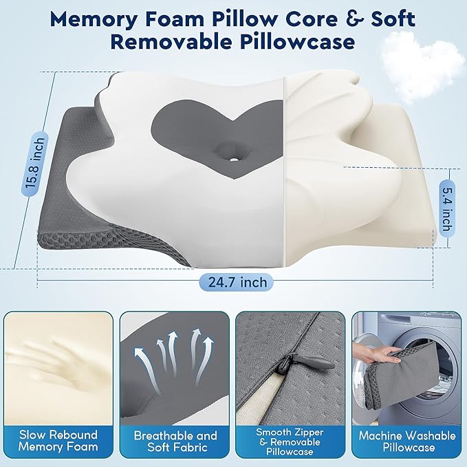 Cervical Neck Pillow, Memory Foam Neck Support Pillows for Sleeping, Shoulder Pillow for Side Sleepers, Back Stomach Sleepers, CertiPUR-US Certified, Queen Size, Grey