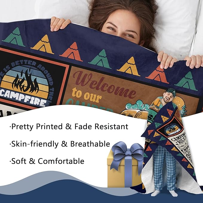 Camping Gifts for Men Women Flannel Throw Blanket, Birthday Ideas for Camper, Vintage Present for Camping Lover RV Owner, Campsite Outdoor Travel Hiking Bed Sofa Blankets 50"x60"