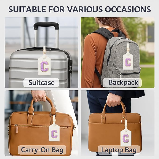 Embroidered Luggage Tag – Initial Bag Tag for Suitcase, Backpack, Carry-On, Duffel – Faux Leather Travel Accessory, Name Identifier, ID Label for Travel Bags (C, White Leather+Purple Letter)