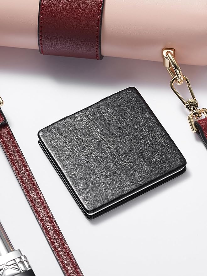 OMIRO Compact Mirror, Classical PU Leather 1X/3X Magnification, Pocket Ultra Portable for Purses and Travel (Black)