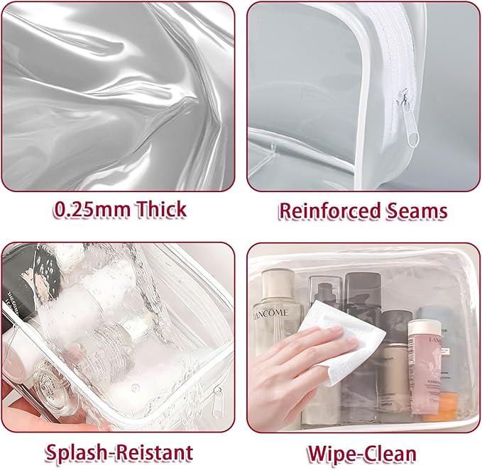 6 Pcs Large Clear Makeup Bags, TSA Approved Toiletry Bags for Travel, Waterproof Clear Pouches with Zipper, Plastic PVC Cosmetic Organizer Case for Women Men Vacation Bathroom Essentials (White Large)