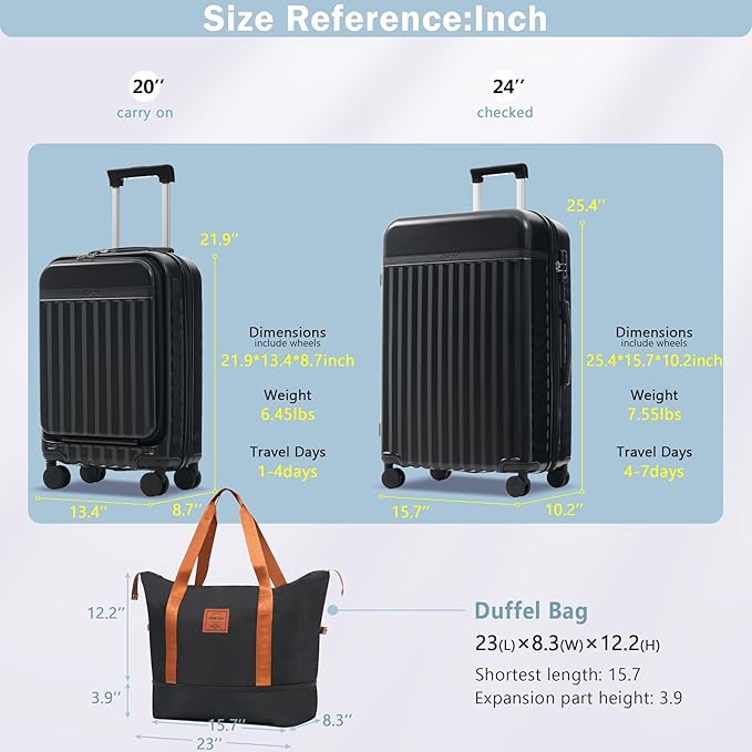 Merax Luggage Sets 3 Piece,Front Open Hardshell Expandable Suitcase with Spinner Wheels and Duffel Bags,Lightweight Carry on Luggage with USB Port,20/24IN,Black