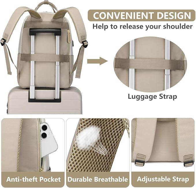 Backpack for Women Laptop Bag: Work Travel Backpacks Fits 17 inch Computer Waterproof College Bookbag with USB Charger Anti-theft Business Casual Backpack Purse for Nurse Teacher Beige Khaki