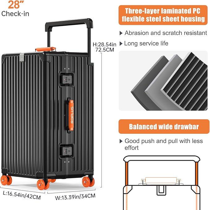 Aluminium Frame Checked- In Luggage with Smooth Jelly Wheels, Hardside Zipperless Rolling Suitcase with TSA Lock (BlackOrange, 28-Inch)