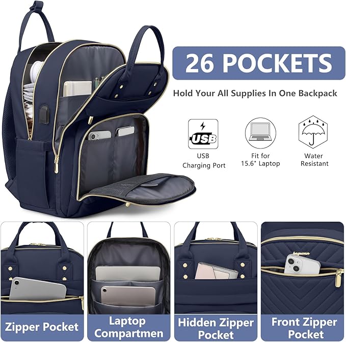 Laptop Backpack for Women Work Bag - 15.6 inch Travel Backpack Purse with USB Charger College Bookbag Waterproof Cute Casual Daypack Fashion Business Computer Backpacks for Teacher Nurse Dark Blue