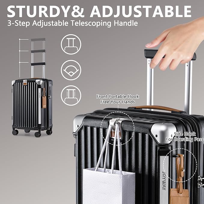 Joyway 3 Piece Set Hardside Expandable Luggage with USB Charging Port and Cup Holder, TSA Lock Spinner Wheels Suitcase for International Travel, Lightweight Carry On Checked Baggage, Black
