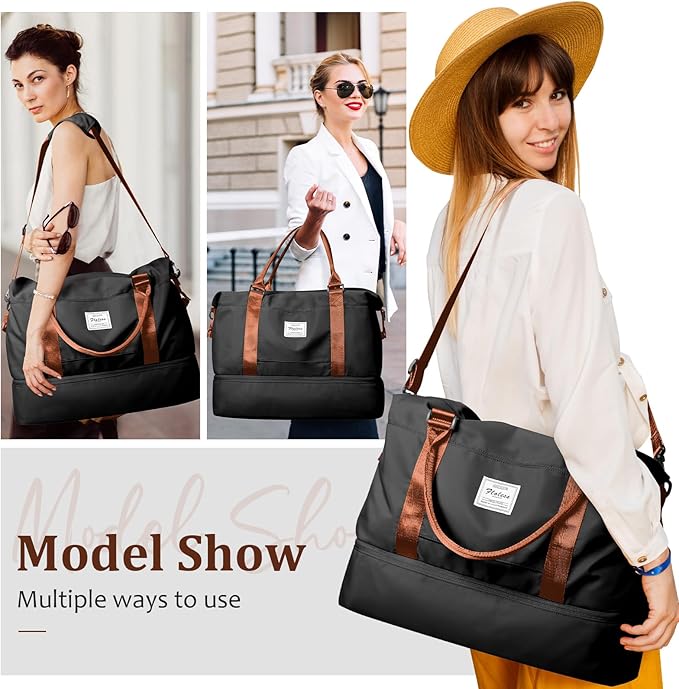 Weekender Bags for Women,Extra Large Travel Duffle Overnight Bag with Shoe Compartment,Personal Item Carry On Bag with Grid Toiletry Bag,Black & Brown