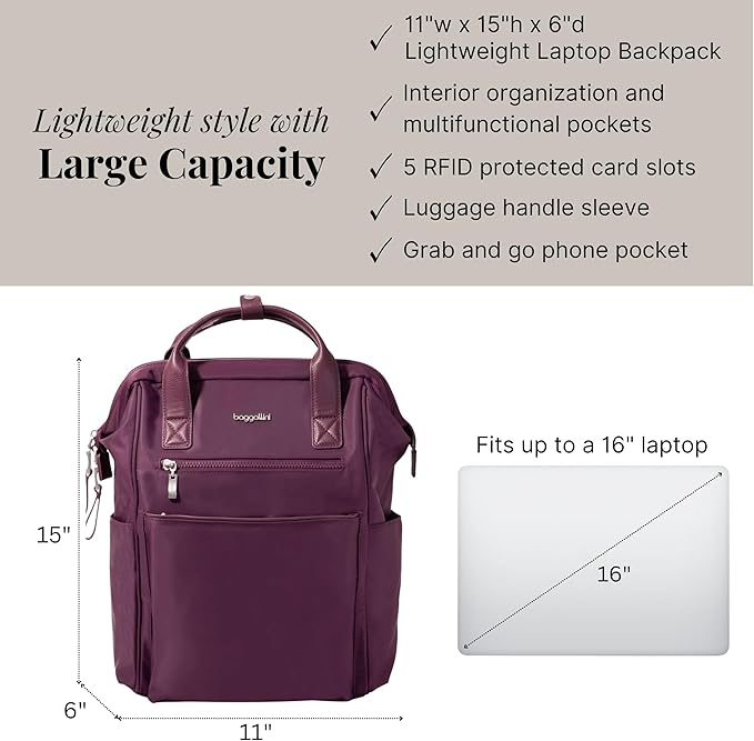 Baggallini Soho Backpack - Travel Laptop Backpack for Women - Lightweight Water-Resistant Luggage Bag, Mulberry