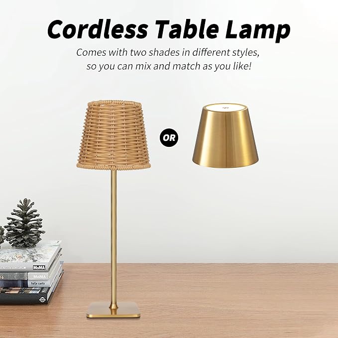 Mr. White Outdoor Waterproof Cordless Set of 2 Rechargeable Portable Top Touch Battery Operated Powered LED Table Lamp Desk Lamp Lights for Restaurant Kitchen Patio Dinner Dining (Gold 2 Pack)