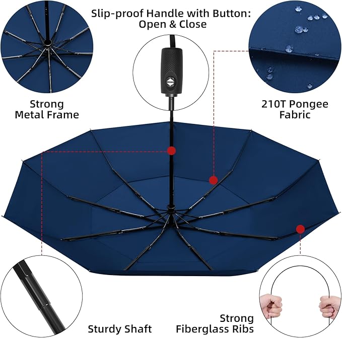 TradMall Travel Umbrella, 42/45 Inches Double Vented Canopy Windproof Automatic Strong Compact Folding Umbrellas for Rain Women and Men