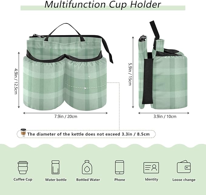 Luggage Cup Holder for Suitcases Free Hands Travel Cup Holder Portable Suitcase Cup Drink Holder Luggage Cup Caddy Bag Carrier Green Stripes Gingham