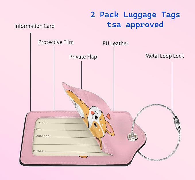 2P Light Pink Cute Corgi Cartoon Animal Dog Pet Luggage Tags Privacy Cover ID Label with Stainless Steel Loop and Address Card for Travel Bag Suitcase Funny Cute Man Women Kids