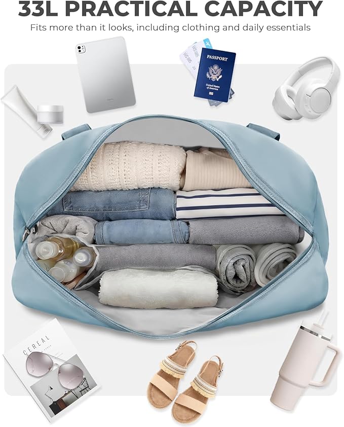 Percover Weekender Travel Duffel Bag for Women, Lightweight Soft-Structure 33L Carry-On, Water-Resistant Nylon with Shoulder Strap & Trolley Sleeve, Personal Item Friendly, Sky Blue