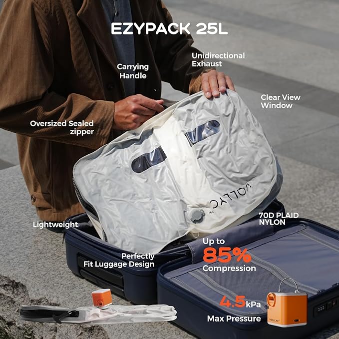 3-Travel Vacuum Bags with Pump, 25L Large Capacity Vacuum Bags for Travel, IPX7 Waterproof, Open Zipper, Reusable Space Saver Compression Bags for Luggage, Backpack, Suitcase, Home Storage