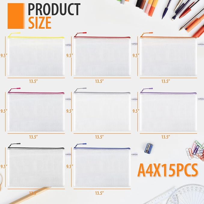 15PCS Mesh Zipper Pouch Bags File Storage Bags, A4 11x9 Inches Reusable Clear Zipper Pouches for Travel and Classroom Board Game Organization