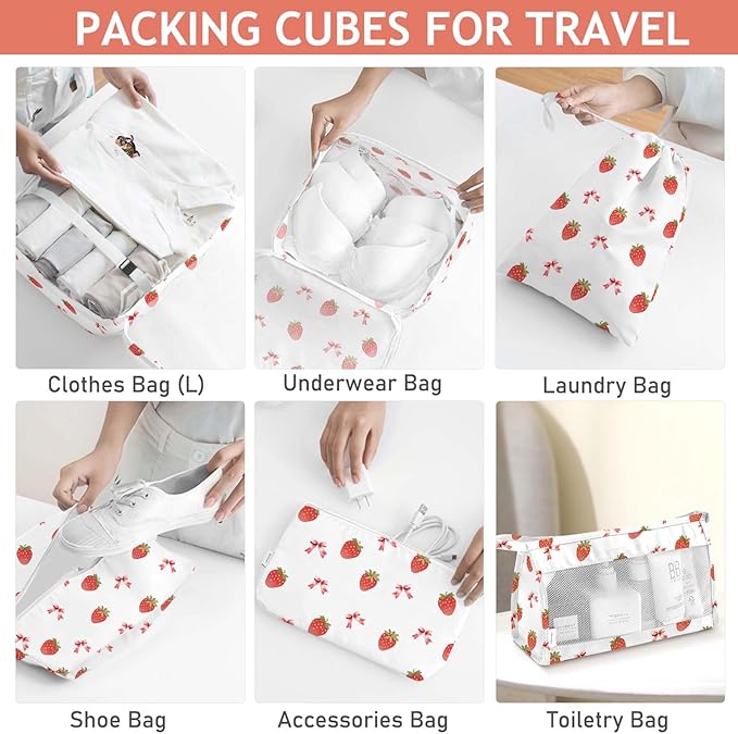 KPX 8 Set Packing Cubes for Travel, Luggage Packing Organizers Accessories Large Toiletries Bag for Clothes Shoes Cosmetics (Strawberry+Butterfly)