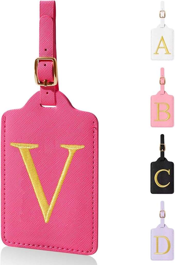 Personalized Initial Luggage Tags for Suitcases,Leather Letter Cute Luggage Tags with Privacy Name Card,Embroidered Monogrammed Travel Bag Backpack Tag Gifts for Women Kids Girls Teens(Rosered-V)