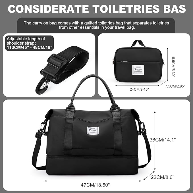 Weekender Bags for Women, Travel Duffel Bags with Shoe Compartment,Personal Item Travel Bag for Airlines, Carry on Overnight Tote Bag for Women with Toiletry Bag, Black