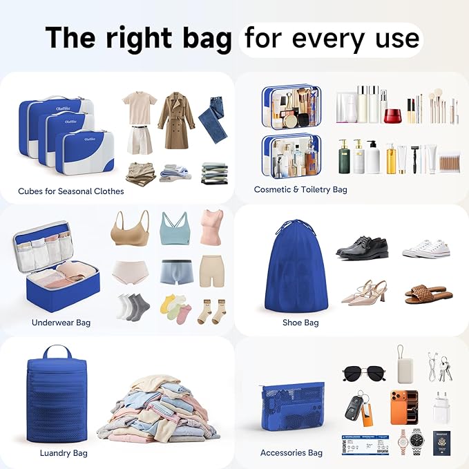11 Set / 9 Set Packing Cubes for Travel,Gifts for Women Mom Kids,TSA Approved Bags for Makeup, Cosmetic, Toiletry, Organizers for Suitcase Carry On,Cruise Essentials Airplane Accessories,Klein Blue