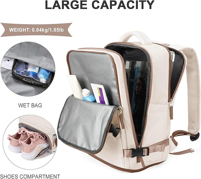 coowoz Large Travel Backpack For Women Men,Carry On Backpack Flight Approved,Hiking Outdoor Rucksack Casual Daypack Travel Bag Essentials Personal Item Backpack (Beige Brown-L)