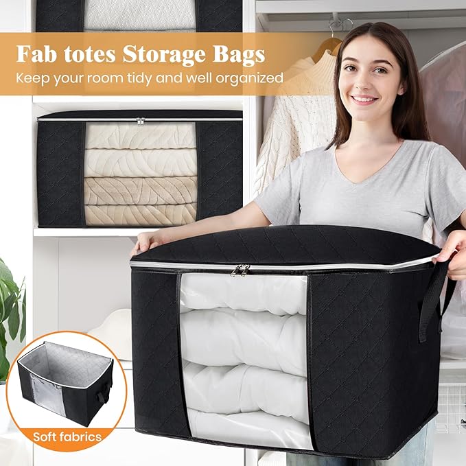 Fab totes 24 Gallons Clothes Storage, Foldable Thick Fabric Blanket Storage Bags, Containers for Organizing Bedroom, Closet, Clothing, Comforter, Organization with Handle (4 Pack,Black)