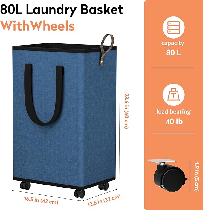 Laundry Basket with Wheels, Collapsible Laundry Baskets, Laundry Hamper with Handles Detachable Wheels, Rolling Laundry Basket, Dirty Clothes Hamper for Bathroom, Dorm, Bedroom, Navy, 80L