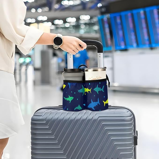 Luggage Cup Holder for Suitcases Free Hands Travel Cup Holder Portable Suitcase Cup Drink Holder Luggage Cup Caddy Bag Carrier Vibrant Sharks Silhouettes