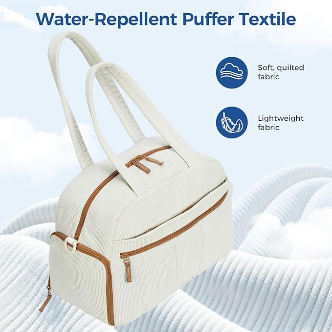 Gym Bag for Women, Puffer Travel Duffle Bag With Shoes Compartment & Wet Pocket, Carry On Tote Bag For Weekender, Overnight, Sport duffel bags for traveling (shallow cream-colored, Medium)